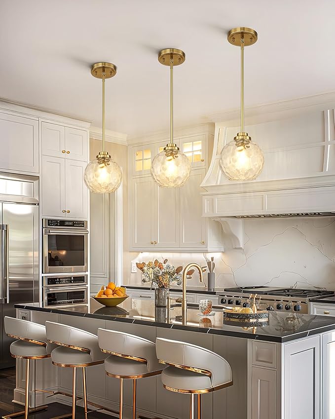 8 Inch Modern Farmhouse Pendant for Kitchen Island, Adjustable Height Hanging Fixture with Hammered Glass,Brushed Gold Finish, Dining Room Entryway - PL101HBG-L