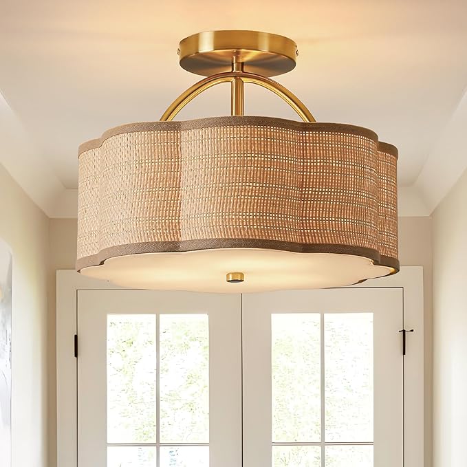 13" Rattan Semi Flush Mount Ceiling Light 3-Light Boho Mini Chandelier Ceiling Light Flush Mount for Hallway,Entrance,Kitchen,Bathroom,Bedroom,Living Room