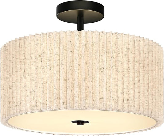 Bagood 3-Light Semi Flush Mount Ceiling Lights Fixture 16 Inch Drum Light Fixture Drum Ceiling Lights with Pleated Fabric Shade Black Close to Light Fixtures for Hallway Living Room