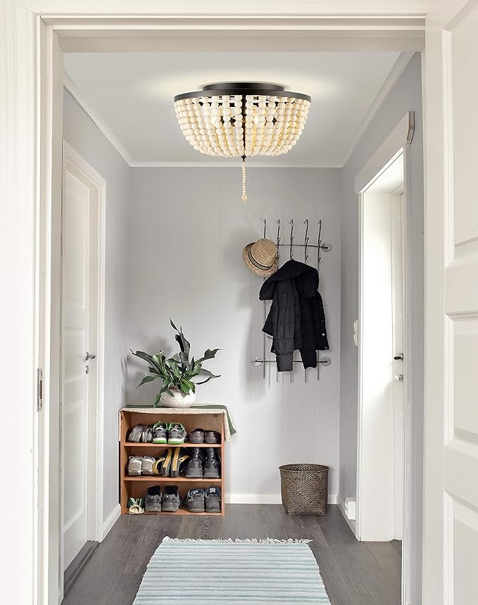 JONATHAN Y 15" Oil Rubbed Bronze/Cream Allison 3-Light LED Flush Mount Ceiling Light for Bedroom, Wood Beaded Shade Shabby Chic Farmhouse Rustic Decor, LED Bulbs Included (JYL9019B)