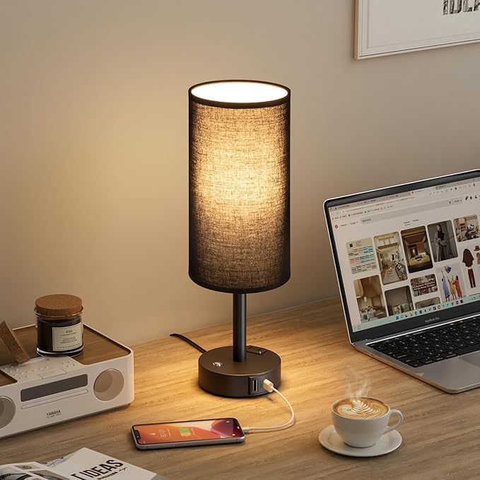 Touch Bedside Table Lamp with Memory - Stepless Dimmable Lamp for Bedroom, Small Nightstand Lamp with Dual USB Charging Ports and AC Outlet, Wood Night Light, Deak Lamp for Nursery, (Black & Black)