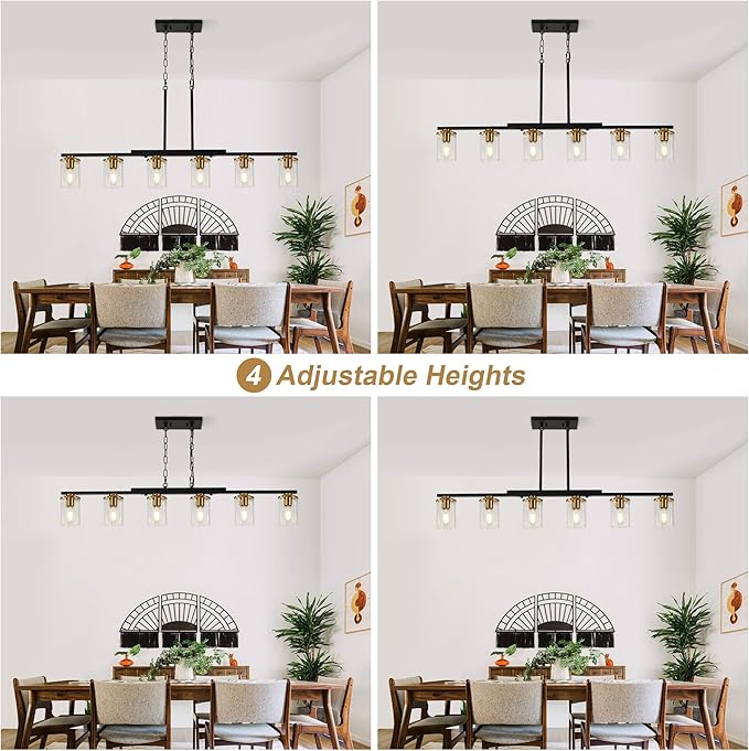 6-Light Kitchen Island Lighting,Dining Room Lights Modern Farmhouse Chandelier with Clear Glass Shade,Modern Rustic Black and Gold Metal Chandelier, Kitchen Pendant Light Fixtures Over Table