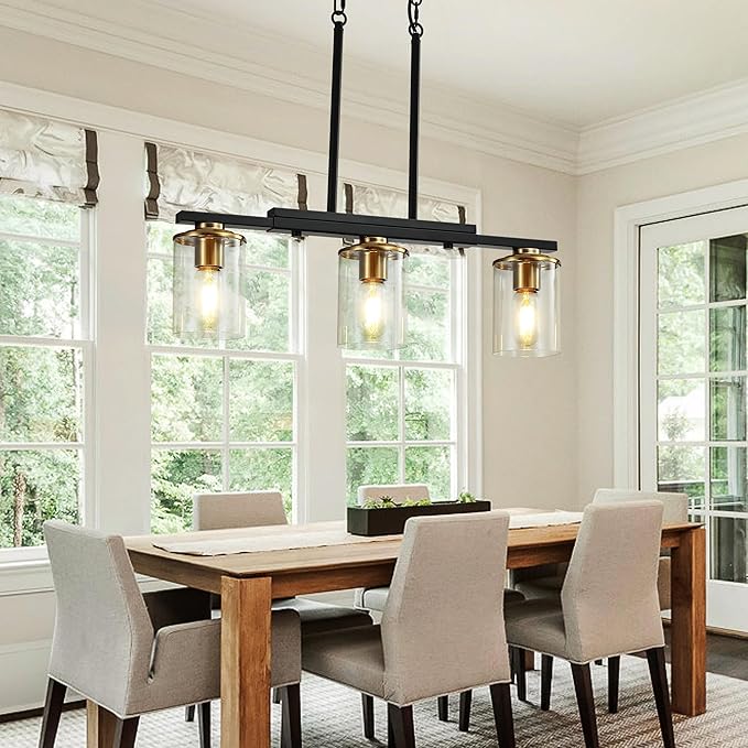 3-Light Kitchen Island Lighting,Dining Room Lights Modern Farmhouse Chandelier with Clear Glass Shade,Modern Rustic Black and Gold Metal Chandelier, Kitchen Pendant Light Fixtures Over Table