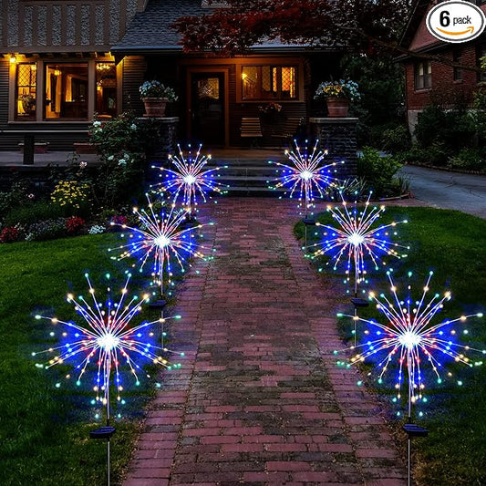 Solar Garden Firework Lights Outdoor Waterproof 6 Pack, 120 LED Sparklers, Colorful, for Patio, Backyard, Sidewalk, Christmas, Parties