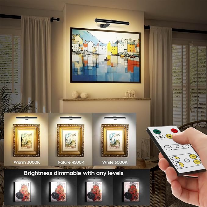TINTINDOC Picture Light Battery,Brightness Dimmable Timer Setting,Rechargeable Painting Light for Pictures Display Art on Wall with 3 Colors Lighting Remote,Used for Frames Dartboard Portrait