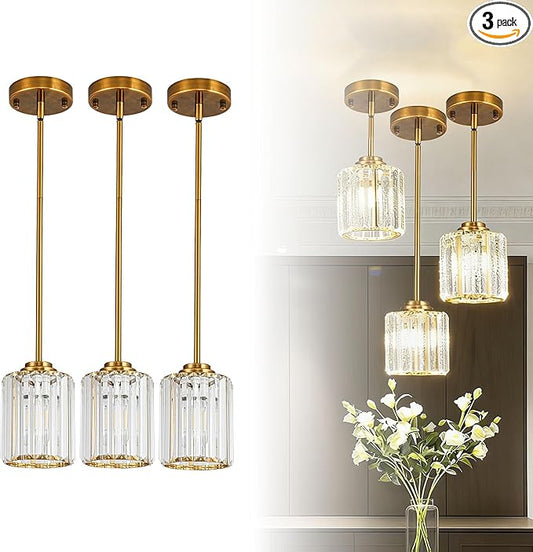 Pendant Lights Kitchen Island 3 Pack, Adjustable High Bronze Modern Crystal Mini Chandelier Ceiling Hanging Pendant Light Fixtures for Kitchen Hallway Dining Room Bedroom
