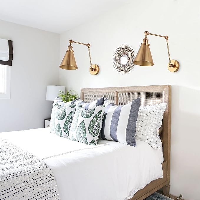 JONATHAN Y 7" Brass Gold Classic Industrial Metal Adjustable Arm LED Wall Sconce for Bedside Reading, Farmhouse Swing Arm Wall Lamp with Metal Shade, Hardwired (JYL7461A-SET2)