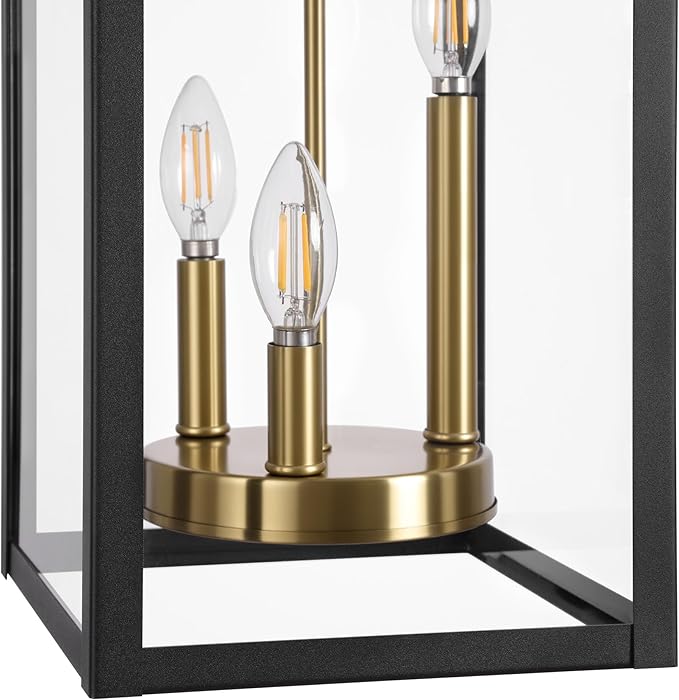 LamQee Large Outdoor Pendant Lights, 3-Lights Black and Gold Outdoor Chandelier Lighting Fixture, Modern Exterior Ceiling Hanging Lantern with Glass, for Porch Front Door Patio Gazebo Entryway Foyer