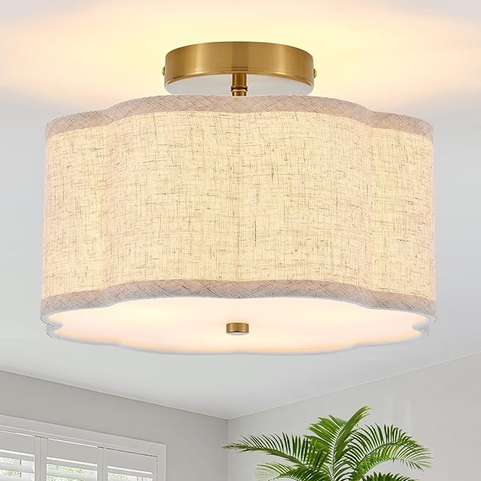 12.89" Semi Flush Mount Ceiling Light Modern 3-Lights Gold Drum Ceiling Light Fixture with Fabric Linen Shade, Vintage Modern Ceiling Lighting for Laundry Room, Kitchen, Basement, Bedroom