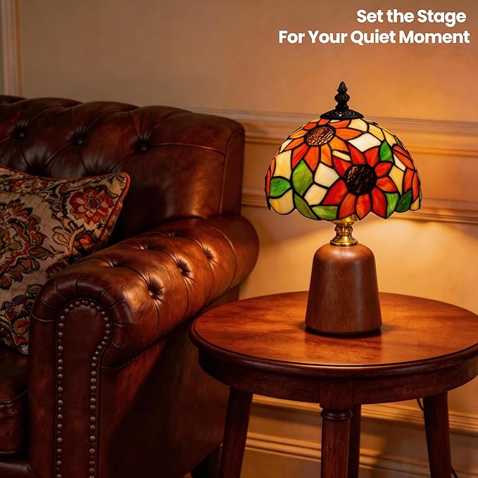 12.2" Tiffany Style Lamp, Handcrafted Stained Glass Sunflower Table Lamp with Solid Wood Base, 3-Color Dimmable Bedside Lamp for Nightstand & Bedroom, Vintage Aesthetic Accent Light