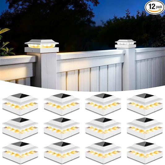 Solar Post Cap Lights 12-Pack, IP65 Waterproof Fence Post Solar Lights for 4x4 Wood/Vinyl Posts, Outdoor Post Lights with 2 Color Modes Decorate Garden Patio Porch Backyard, White