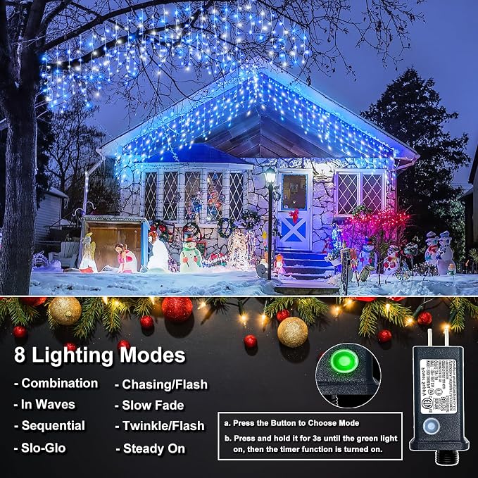 Icicle Christmas Lights Outdoor - 66FT 640 LED Icicle Lights for Outside with 8 Modes Timer, 120 Drops Waterproof Connectable Hanging String Lights Indoor for Patio Xmas Party Decor, Blue and White
