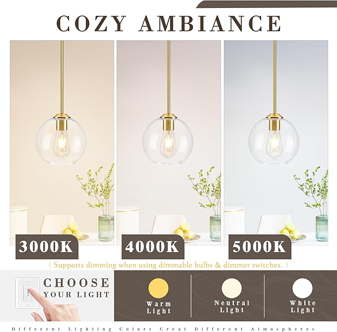 7 Inch Brass Modern Pendant Lights Kitchen Island Mid Century Modern Pendant Light Fixtures with Clear Glass Globe Modern Hanging Pendant Light for Bathroom Bedroom （Bulb Incl）
