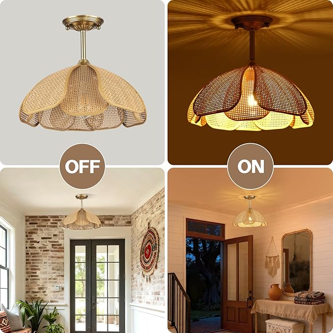 14" Boho Rattan Ceiling Light Fixture, Gold Semi Flush Mount Wicker Lamp with Hand-Woven Petal Shade, Modern Rustic Bohemian Lighting for Bedroom Living Room Kitchen Dining Room Hallway