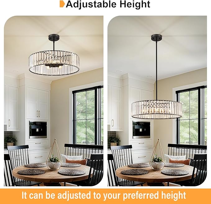 Black Crystal Ceiling Light Fixture, Modern Semi Flush Chandelier, Round Hanging Lighting Chandeliers for Dining Room, Kitchen, Bedroom, 6-Light, 19.68 Inch