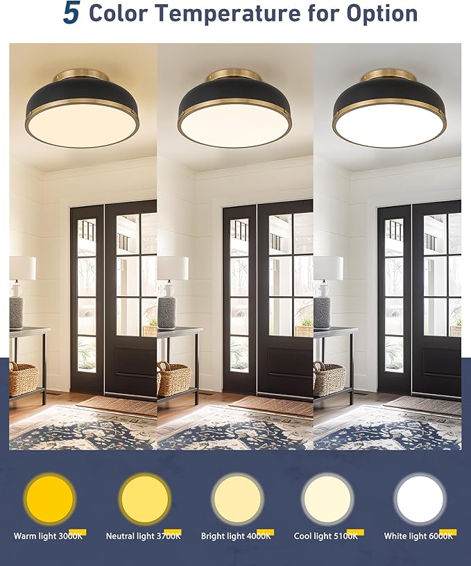 Kudos Ceiling Light, 12-inch LED Flush Mount Ceiling Light, Black and Gold Finish, 24W/1100lm Light Fixtures ceiling mount for Living Room, Bedroom, 3000K/3700K/4500K/5100K/6000K Adjustbale, KDCL15-BK