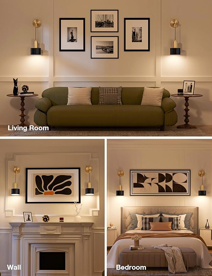 NIORSUN Battery Operated Wall Sconce Set of 2, Gold & Black Wireless Rechargeable Wall Lights with 5200mAh Dimmable Detachable Bulbs and Remote, 9 Colors Sconces Wall Decor for Bedroom Living Room