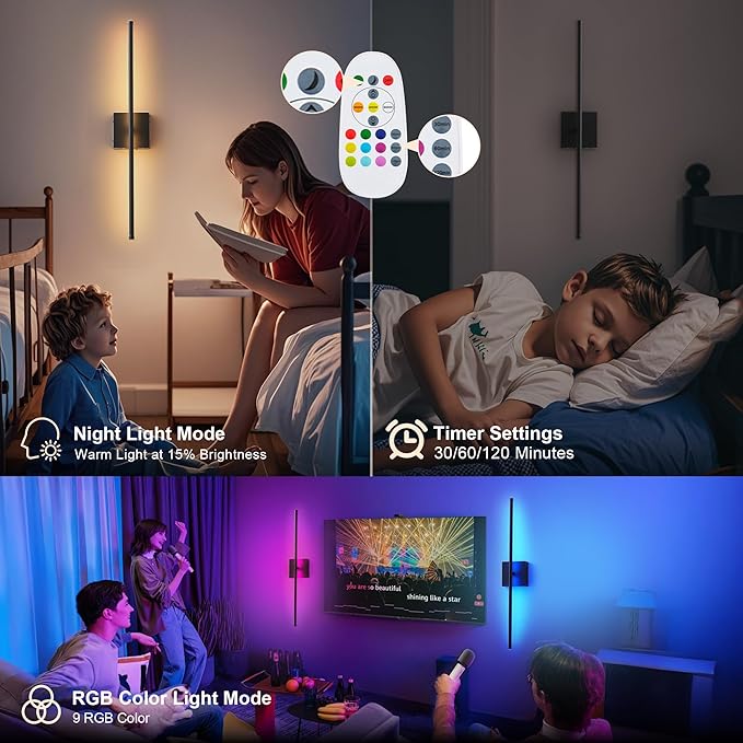KARTOOSH 24.4 Inch 9 RGB Color Battery Operated Wireless Wall Sconces Set of Two, with Remote, Dimmable, Warm/Natural White/Daylight, Rotatable, LED Wall Light for Living Room, Bedroom, Black