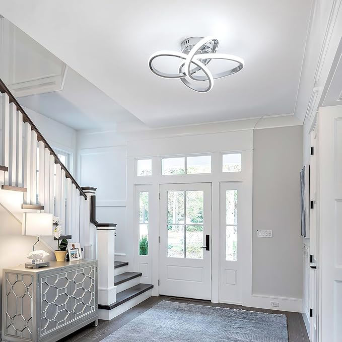 Modern LED Ceiling Light with Remote Control, Stepless Dimming, 3000-6000K Selectable, 36W, Dimmable LED Chandelier for Bedroom, Bathroom, Entryway, Hallway, Chrome Finish