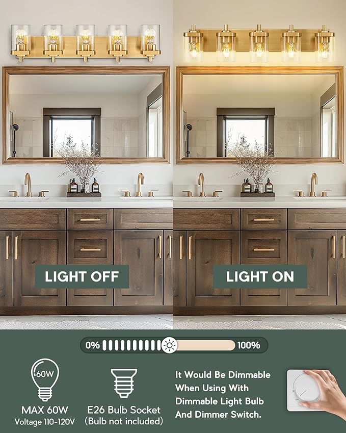 Bathroom Light Fixtures, 30" Brushed Gold Vanity Light, 5-Light Modern Wall Sconces with Square Clear Glass Shade, Vanity Lighting Fixtures Over Mirror, VL194-BG-5