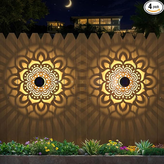 Solar Fence Lights 4 Pack Outdoor Deck Step Wall Lights Metal Waterproof LED Warm Yellow Light for Garden Post Patio Backyard Yard Decor (Mandala-1, 4)