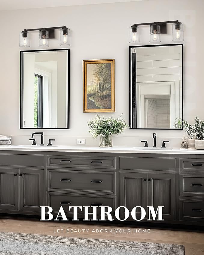 Beionxii Bathroom Vanity Lights, 3-Light Vintage Wall Sconce Light Fixtures, Oil Rubbed Bronze Finish with Clear Seeded Glass (24.5" W x 8.7" H) - MB9002 Series