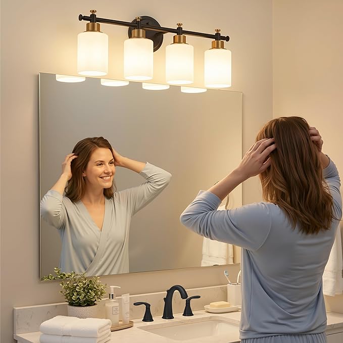 4-Light Bathroom Vanity Light, Modern Black and Gold Vanity Lights for Bathroom, White Frosted Glass Shades, Anti-Rust Vanity Light Fixture over Mirror, 23 Inch (Bulbs Not Included, E26 Base)