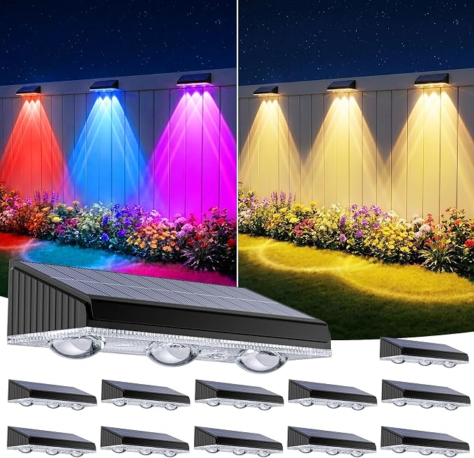Solar Fence Lights Outdoor 12 Pack, Upgraded Brightness 3X LED Lens Fence Lights Solar Powered,9 Fixed Colors & RGB Lights, IP65 Waterproof Solar Lights for Outside Backyard/Railing/Step/Patio