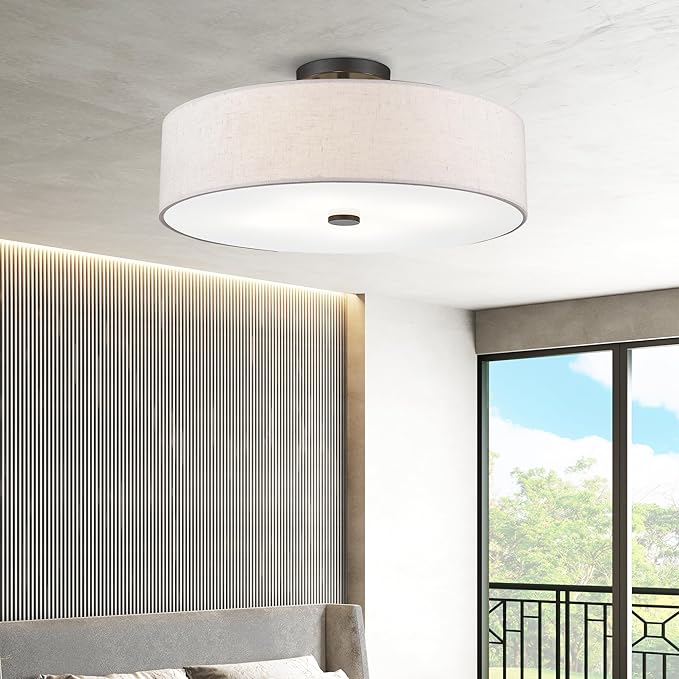Livex Lighting 52136-92 Meridian Collection 4-Light Transitional Ceiling Mount Fixture with Oatmeal Color Fabric Hardback Shade, English Bronze