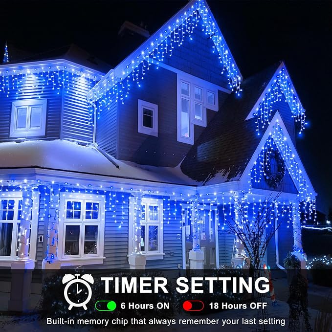 Icicle Christmas Lights Outdoor - 98FT 1216 LED Icicle Lights for Outside with 8 Modes Timer, 228 Drops Waterproof Hanging String Lights Indoor for House Holiday Party Wedding Decorations, Blue