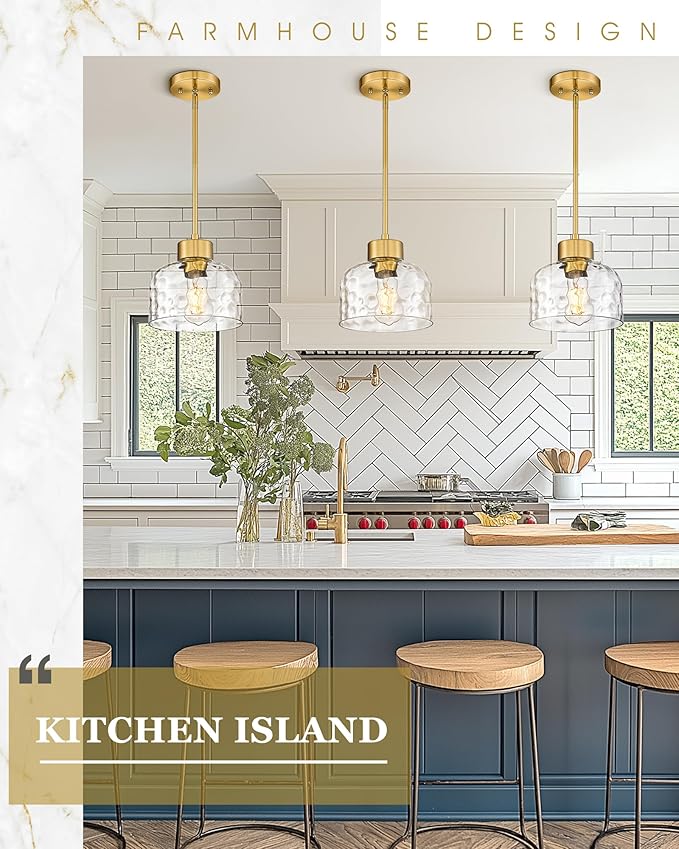 Gold Pendant Lights Kitchen Island, 8" Hanging Light Fixtures with Hand-Blown Hammered Clear Glass, Modern Brass Kitchen Pendant Lighting Over Island for Dining Room, AD-24024-1PL-GD-H