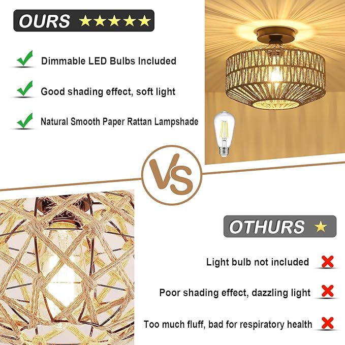 Boho Light Fixtures Ceiling Mount，Rattan Ceiling Light Fixture with Dimmable LED Bulb，Mini Hand Woven Chandelier Light Fixtures Ceilingfor Hallway Bedroom Kitchen Entryway Living Room（Grey）