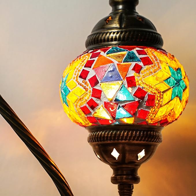 Turkish Moroccan Mosaic Table Lamp - Tiffany Handmade Colorful Mosaic Lamp, Decorative Glass Antique Bohemian Vintage Lamp Shade, Swan Neck Bedside and Table Desk Lamp,15 ½ inch