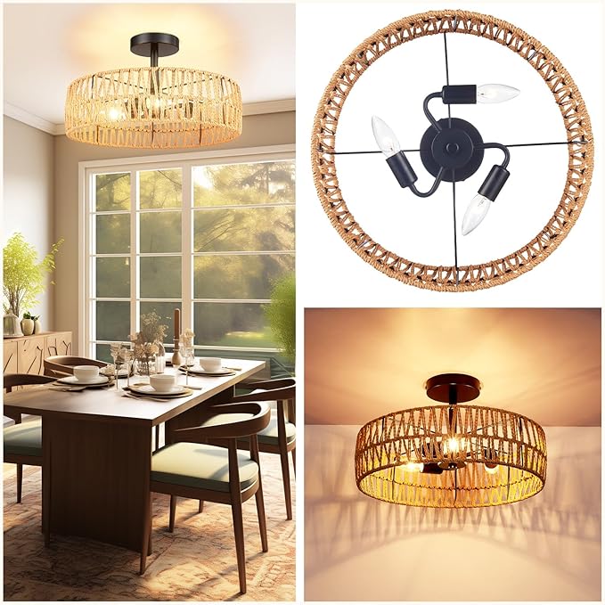 Hamilyeah Boho Woven Flush Mount Ceiling Light Fixture, 16 inch Rattan Light Fixture Ceiling Mount for Living Room, Bedroom, Kitchen