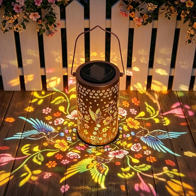 Colorful Solar Lanterns Outdoor Waterproof, Mmulticolored Hummingbird LED Solar Lights Garden Decor Gifts for Women Mom Grandma, Metal Hanging Lantern for Outside Table Tree Patio Pathway Lawn Decor