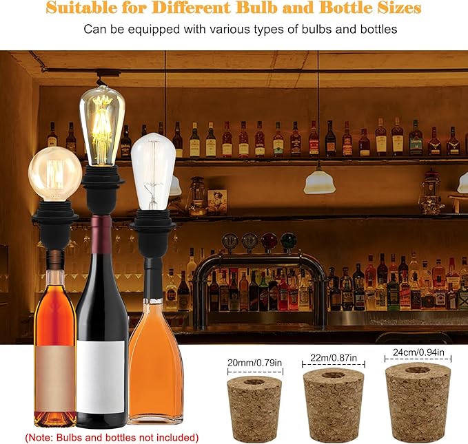 2 Pcs DIY Bottle Lamp, Bottle Lamp Holder Adaptor, Wine Bottle Light Kit, E26/E27 Base, 3 Sizes Stopper Works with Wine Bottle or Any Other Glass Liquor Bottles