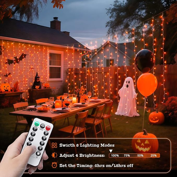JMEXSUSS Orange Curtain Lights for Halloween, 200 LED Halloween Curtain String Lights USB Plug in, 8 Modes Orange Hanging Window Lights for Bedroom Party Indoor Outdoor Decorations