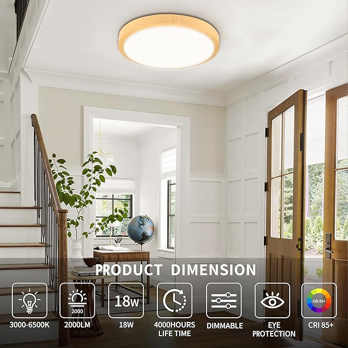 Modern Dimmable Wood Flush Mount Ceiling Light, 3500K-6500K 3CCT Round Close to Ceiling Lighting Fixtures, Minimalist LED Ceiling Lamp for Bedroom, Kitchen, Hallway, Laundry Room-8inch