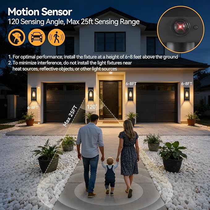 14" Motion Sensor Outdoor Light Fixture Wall Mount, Black Exterior Lighting Fixtures Dusk to Dawn Outdoor Lighting for House Exterior Coach Lights with Clear Glass for Garage Porch Patio 2Pack