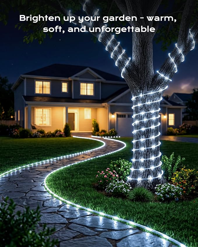 Brightown 2 Pack Solar Rope Lights, Total 78FT 200LED Pure White Solar String Lights Outdoor, IP65 Waterproof Solar Powered Fairy Lights with 8 Lighting Modes for Yard Garden Patio Tree Decoration