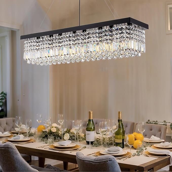 8 Light Modern Crystal Chandelier for Dining Room,Rectangular Rectangle Raindrop Crystal Light Fixture,Height Adjustable for Kitchen Island L40''xW10''xH10''