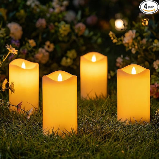 Livinlarge 4 Pack Outdoor Solar Powered Candles, 3"x6" Rechargeable Dusk to Dawn Lighting, Flameless Flickering Pillar LED Votive Candle, IP65 Waterproof for Patio Yard Deck Window Table Decor
