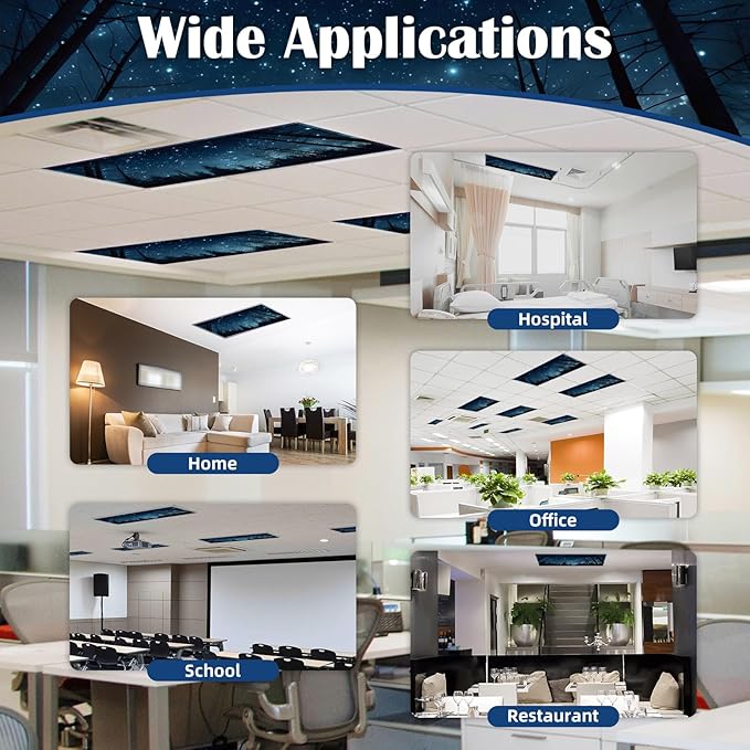 ANGSYLTH 8 Pcs Fluorescent Light Covers - 4 x 2 Feet Covers for Ceiling Lights, Magnetic Light Filters for Classroom, Office, Hospitals, Home (Forests & Starry Sky-2)