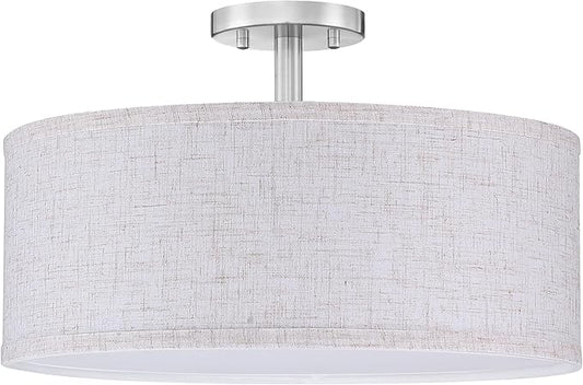18 Inch Drum Brushed Nickel 4 Light Semi Flush Mount Close to Ceiling Light Fixture,Linen Fabric Shade for Bedroom,Living Room,Dining Room Hallway