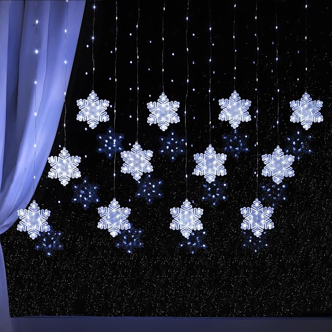 BLOOMWIN Christmas Fairy Curtain Lights 9.8ft Snowflake Lights USB Christmas Indoor Decorations 204LEDs Twinkle Lights with Remote for Bedroom Xmas - Cool White