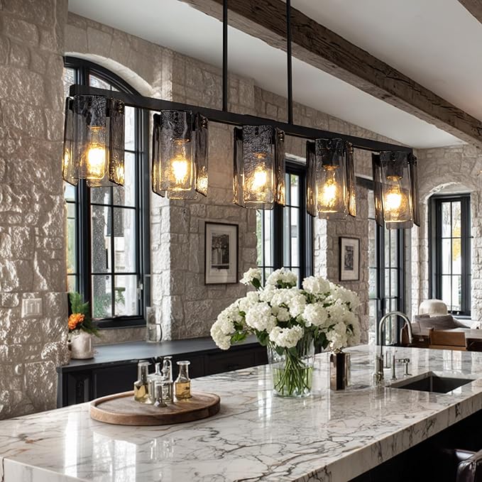 L41.3 ''Farmhouse Linear Chandelier for Dining Room,5 Lights Kitchen Island Light Fixtures,Matte Black Chandeliers with Smoked Glass Shade,and Height Adjustable