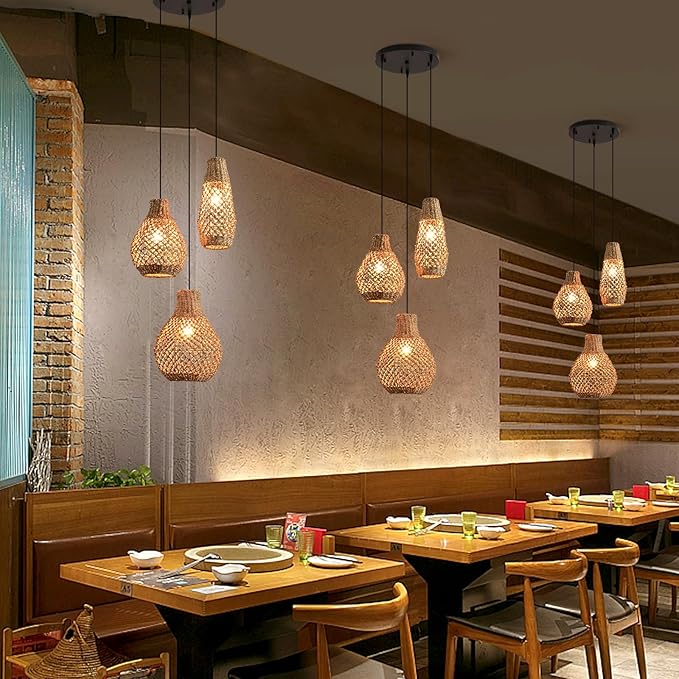 3-Light Rattan Pendant Ligh,Boho Woven Wicker Coastal Ceiling Hanging Farmhouse Chandelier for Kitchen Island Living Room Dining Room