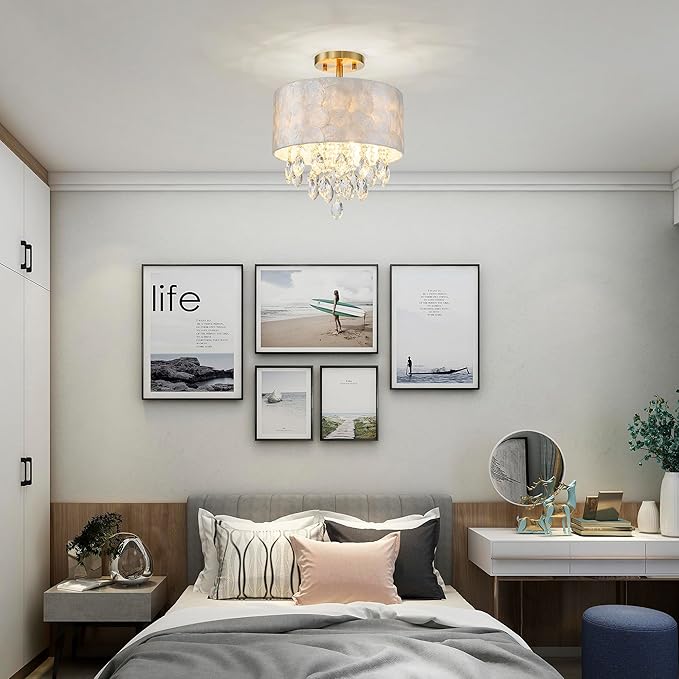 3-Light Capiz Shell Crystal Drum Ceiling Light, Coastal Style Close to Ceiling Light Fixture for Dining Room, Living Room & Bedroom, D12*H14 inch, Clear Crystal & Gold Finish
