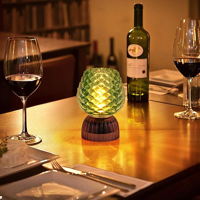 Battery Operated Lamp with Timer, Cute Small Cordless Glass Table Lamp for Home Decor, Kitchen, Bathroom, Birthday Gift for Women, Pinecone, Green
