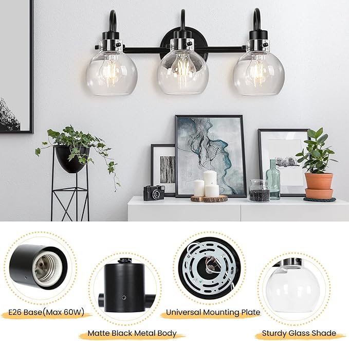 Bathroom Light Fixtures, Black 3 Lights Vanity Light, Farmhouse Wall Sconces with Globe Glass Shade, Porch Wall Mount Lamp for Mirror, Kitchen, Porch Living Room Workshop (E26 Base)